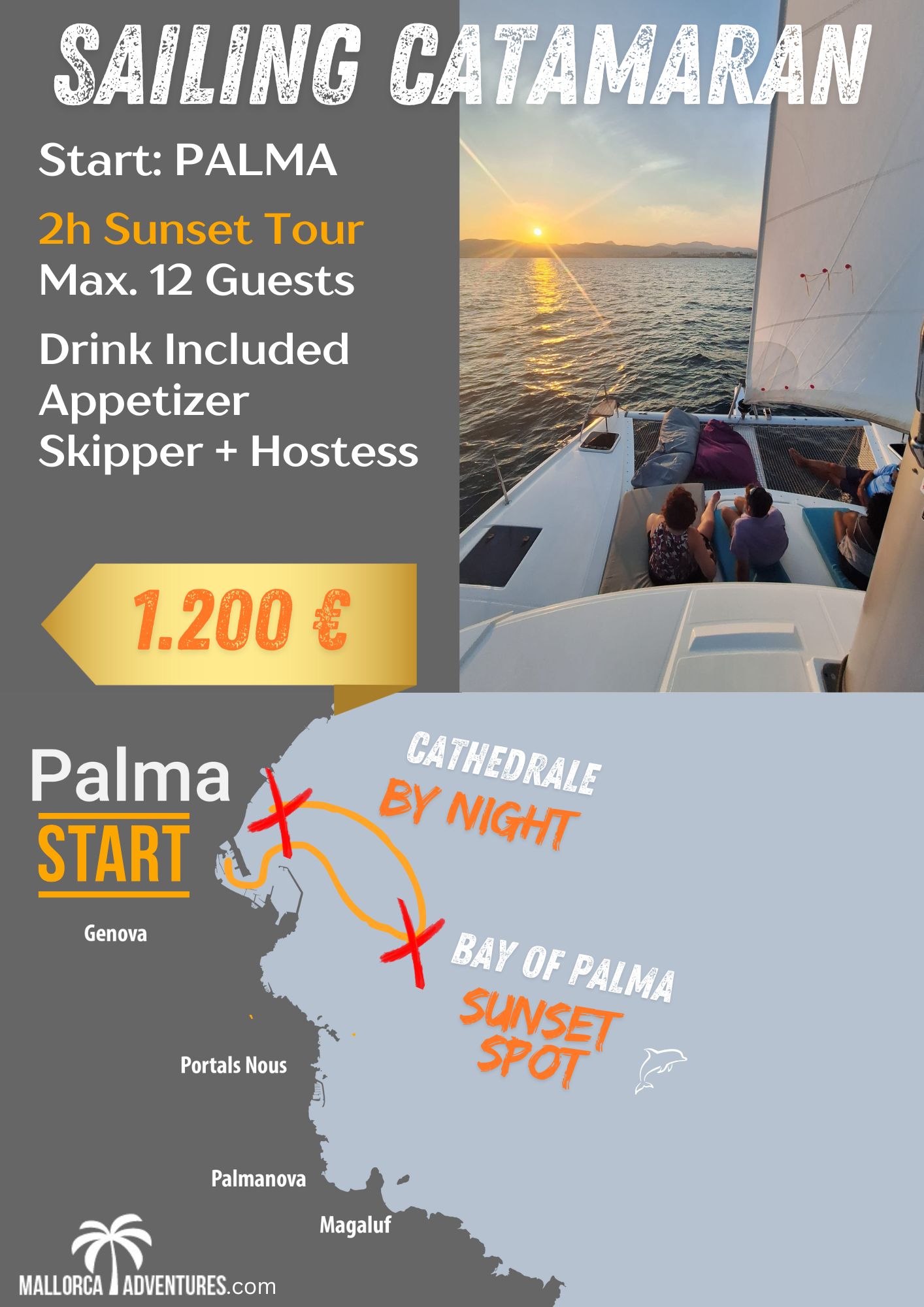 2h catamaran sunset tou from palma cathedrale view